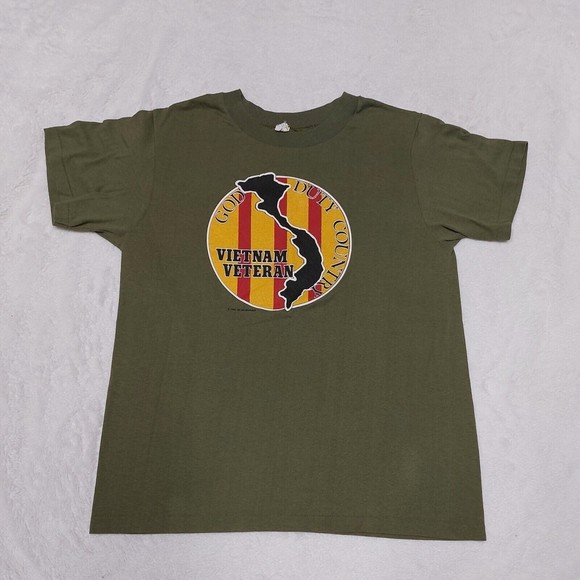 Vtg 1986 Vietnam Veteran Single Stitch Olive Green T-Shirt Size Large USA Made - Picture 1 of 11